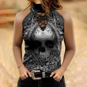2023 Women Fashion Summer Turtle Neck Skull and Floral Print T Shirt Gothic Cutout Sleeveless Top Boho Black The New Top