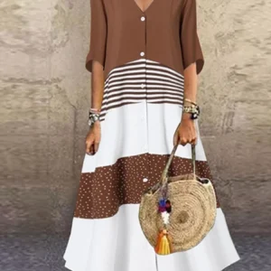 Color Blocked Printed Short Sleeved V-neck Button Up Women's Dress Street Versatile Artistic Retro Style Summer Dress