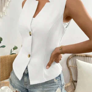 Solid Color Button Short Sleeved Sleeveless Lapel Women's Suit Jacket High Street Fashion Daily Elegant Summer Top